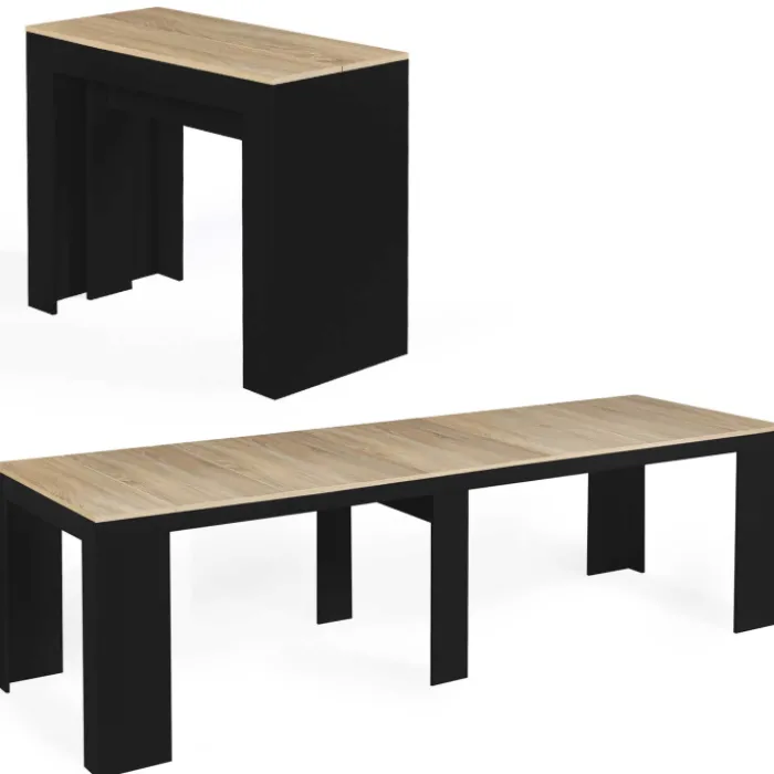 Table console extensible 14 personnes bois noir et façon hêtre