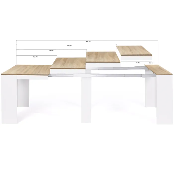 Table console extensible bois façon hêtre et blanc 10 personnes