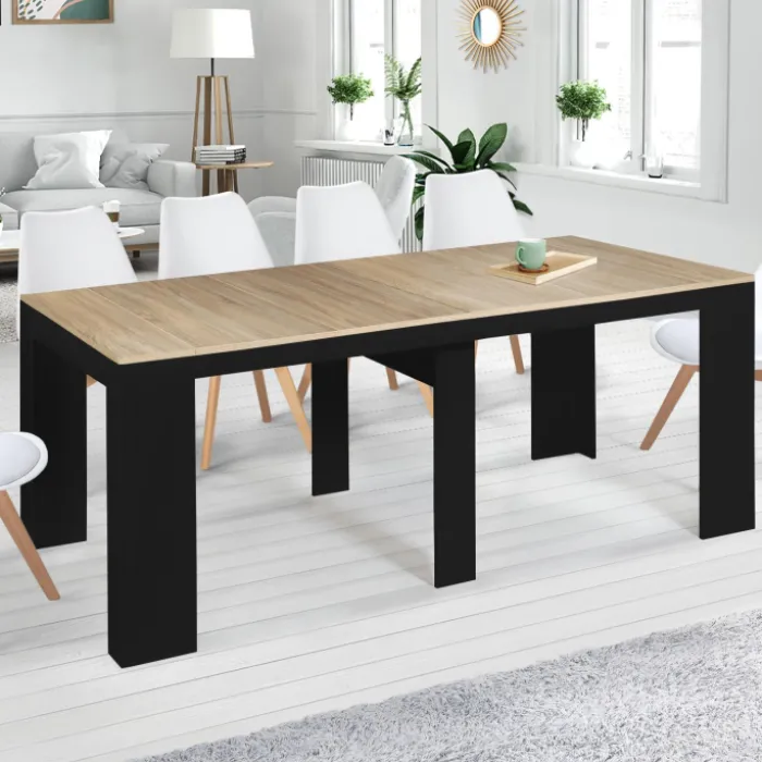 Table console extensible 10 personnes bois noir et façon hêtre