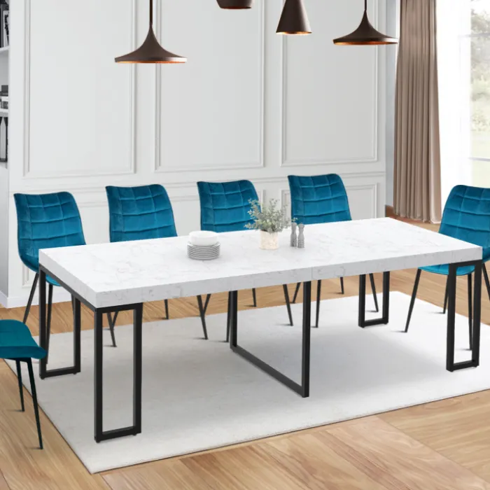 Table console extensible effet marbre blanc 10 personnes