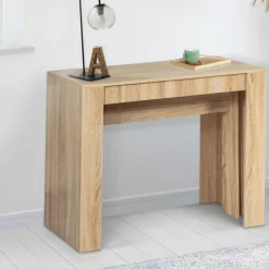 Table console extensible imitation hêtre 14 personnes 300 cm