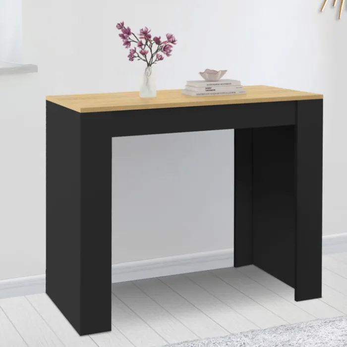 Table console extensible 6 personnes 140 cm noir et bois façon hêtre