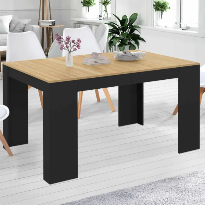 Table console extensible 6 personnes 140 cm noir et bois façon hêtre