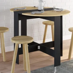 Table console pliable ronde 2-4 personnes bois noir plateau façon hêtre 103 x 76 cm