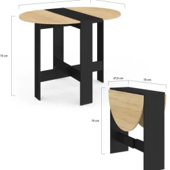 Table console pliable ronde 2-4 personnes bois noir plateau façon hêtre 103 x 76 cm