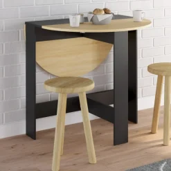 Table console pliable ronde 2-4 personnes bois noir plateau façon hêtre 103 x 76 cm