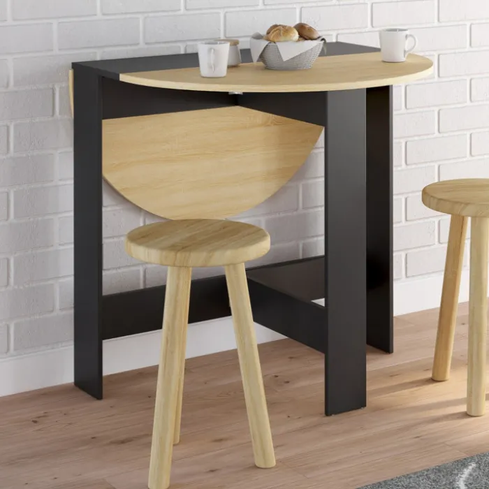 Table console pliable ronde 2-4 personnes bois noir plateau façon hêtre 103 x 76 cm
