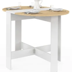 Table console pliable ronde 2-4 personnes bois blanc plateau façon hêtre 103 x 76 cm