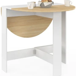 Table console pliable ronde 2-4 personnes bois blanc plateau façon hêtre 103 x 76 cm