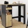 Table de bar 2 personnes bois et noir avec placard et range bouteilles