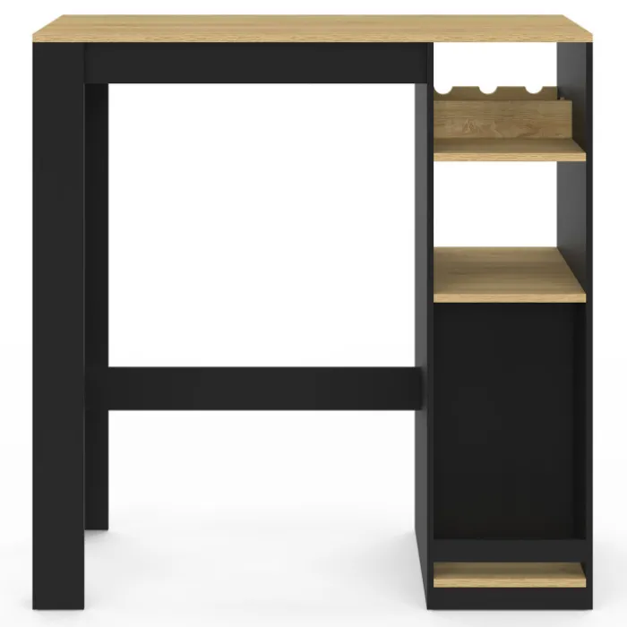 Table de bar 2 personnes bois et noir avec placard et range bouteilles