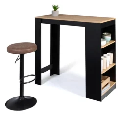 Table de bar haute noire et bois 2 à 4 personnes avec rangement