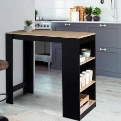 Table de bar haute noire et bois 2 à 4 personnes avec rangement