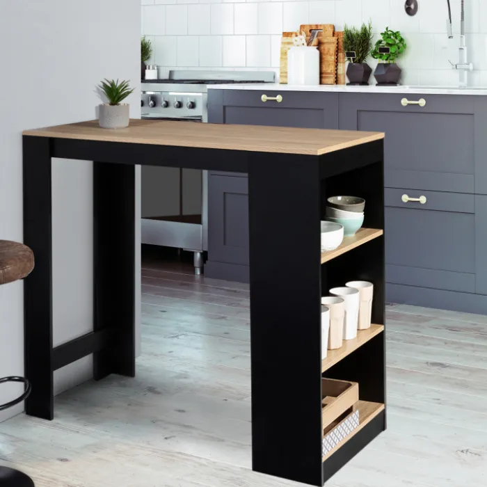 Table de bar haute noire et bois 2 à 4 personnes avec rangement