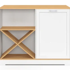 Table de bar îlot 113 cm avec range-bouteilles bois blanc et plateau façon hêtre