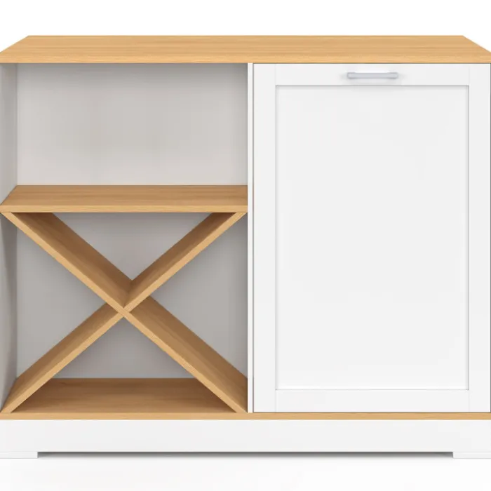 Table de bar îlot 113 cm avec range-bouteilles bois blanc et plateau façon hêtre