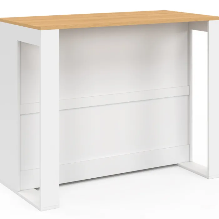 Table de bar îlot 113 cm avec range-bouteilles bois blanc et plateau façon hêtre