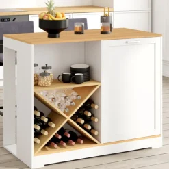 Table de bar îlot 113 cm avec range-bouteilles bois blanc et plateau façon hêtre