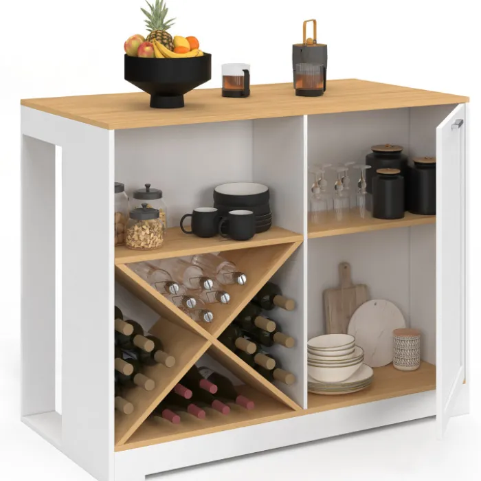 Table de bar îlot 113 cm avec range-bouteilles bois blanc et plateau façon hêtre