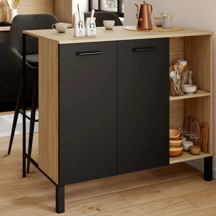 Table de bar îlot 100 cm bois noir et plateau façon hêtre