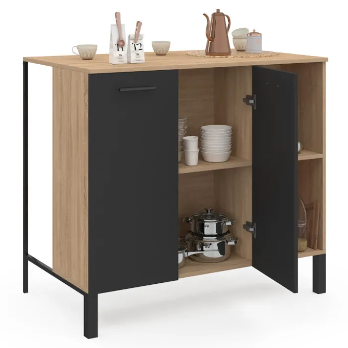 Table de bar îlot 100 cm bois noir et plateau façon hêtre