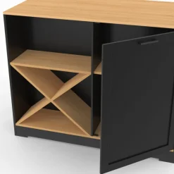 Table de bar îlot en bois noir avec range-bouteilles et plateau façon hêtre 113 cm