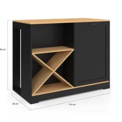 Table de bar îlot en bois noir avec range-bouteilles et plateau façon hêtre 113 cm
