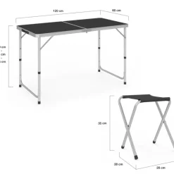 Table de camping pliante réglable en hauteur 120 cm et 4 tabourets noirs
