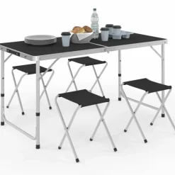Table de camping pliante réglable en hauteur 120 cm et 4 tabourets noirs