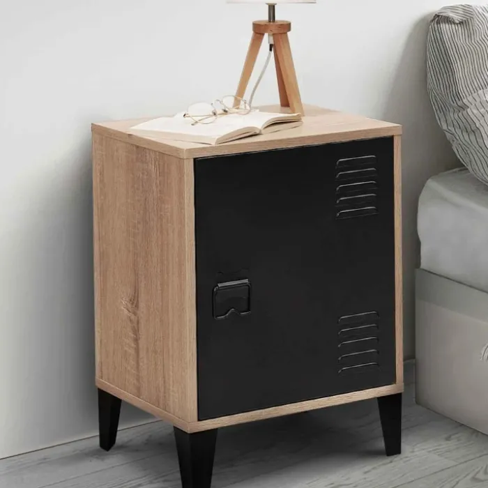 Table de chevet casier métal noir et bois