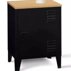 Table de chevet casier porte métal noir et plateau bois