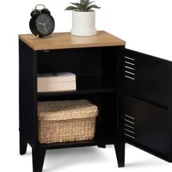 Table de chevet casier porte métal noir et plateau bois