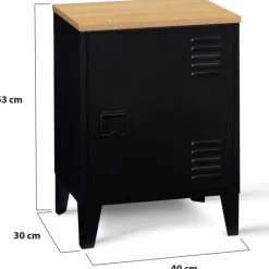 Table de chevet casier porte métal noir et plateau bois