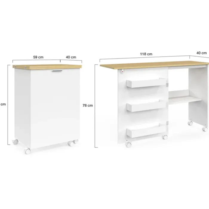 Table de couture pliante à roulettes avec plateau 118 cm et 4 étagères