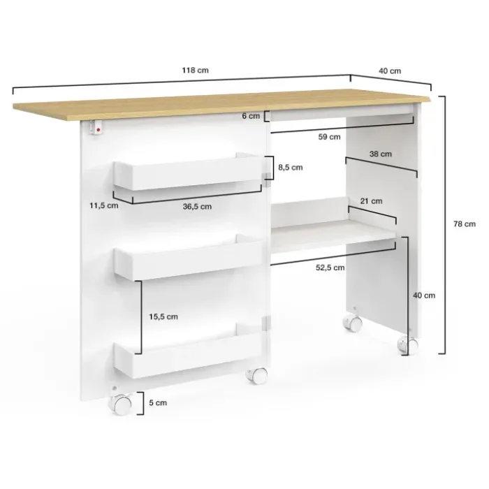 Table de couture pliante à roulettes avec plateau 118 cm et 4 étagères