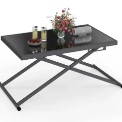 Table de jardin à hauteur réglable 3 positions 100 cm en métal gris anthracite et plateau gris