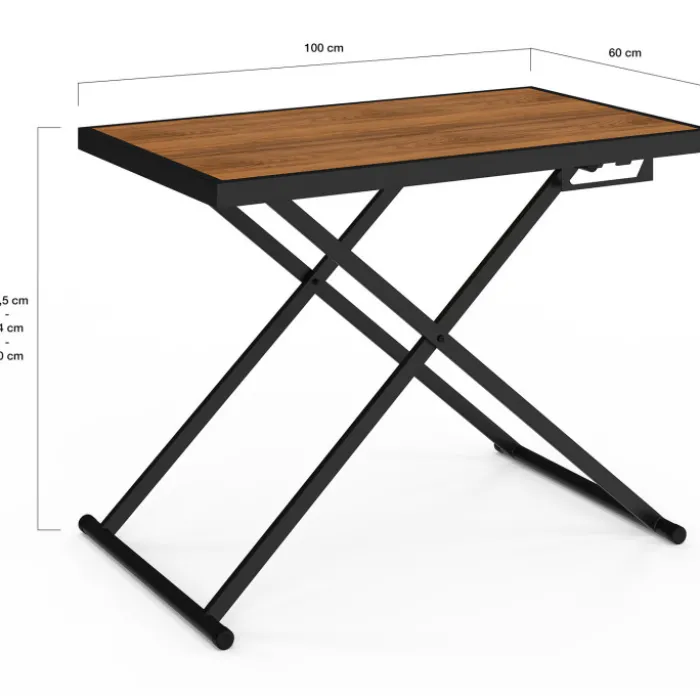 Table de jardin à hauteur réglable 3 positions 100 cm en métal noir et plateau effet bois