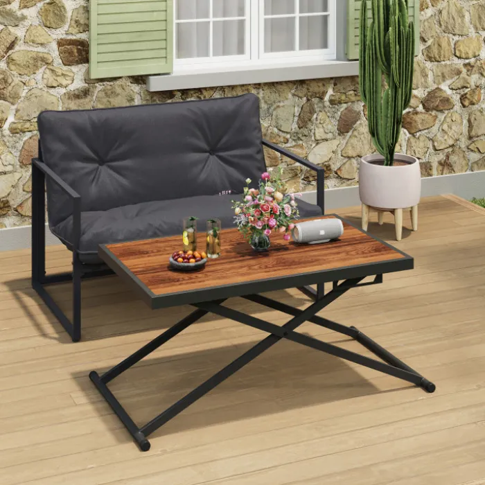 Table de jardin à hauteur réglable 3 positions 100 cm en métal noir et plateau effet bois