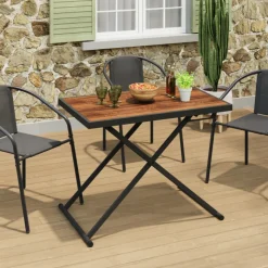 Table de jardin à hauteur réglable 3 positions 100 cm en métal noir et plateau effet bois