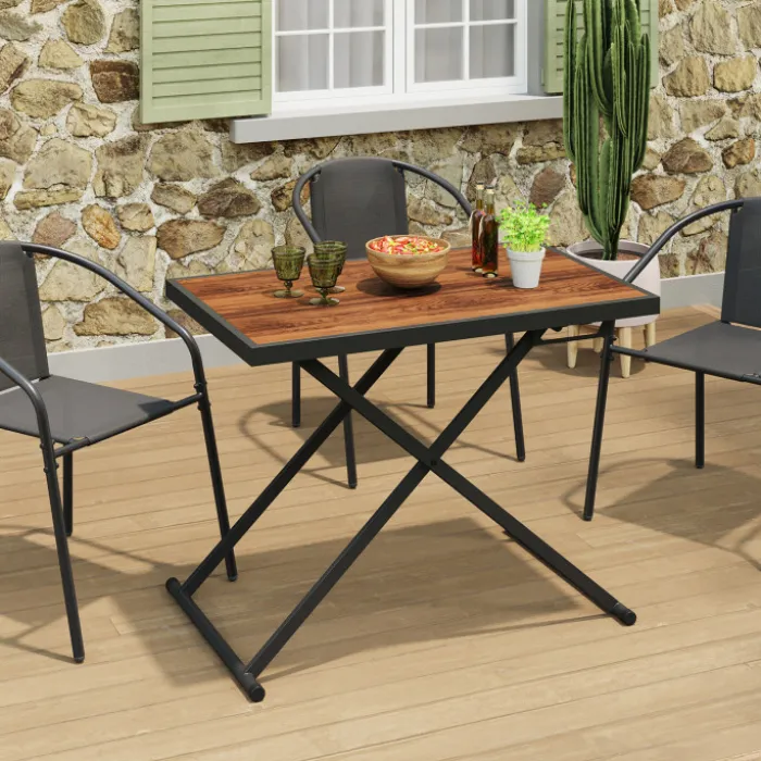 Table de jardin à hauteur réglable 3 positions 100 cm en métal noir et plateau effet bois