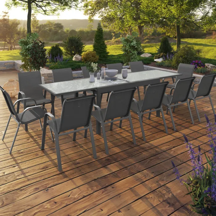 Table de jardin extensible 12 places grise avec chaises