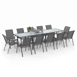 Table de jardin extensible 12 places grise avec chaises