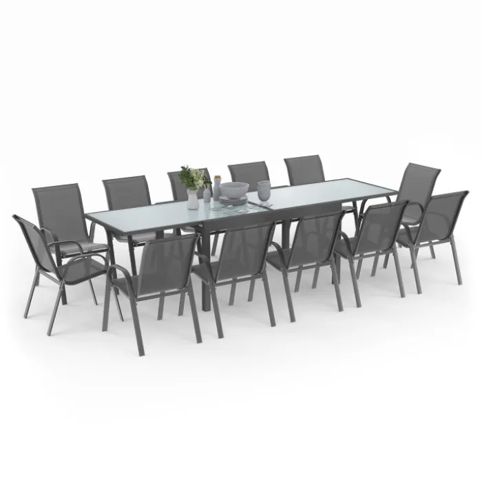 Table de jardin extensible 12 places grise avec chaises