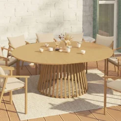 Table de jardin extensible ronde SOLAL 160-200 CM 6-10 personnes avec pied lattes en métal effet bois