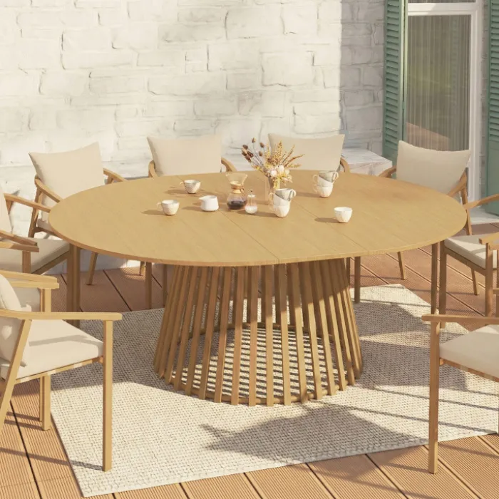 Table de jardin extensible ronde SOLAL 160-200 CM 6-10 personnes avec pied lattes en métal effet bois