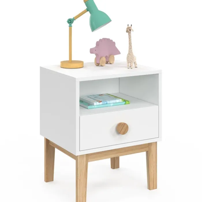 Table de nuit enfant avec 1 tiroir et 1 niche blanc et bois