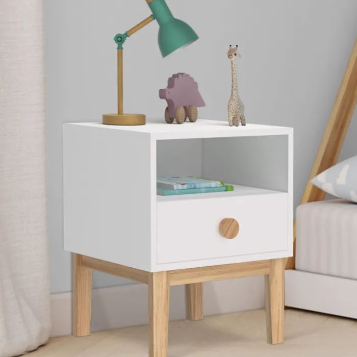 Table de nuit enfant avec 1 tiroir et 1 niche blanc et bois