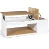 Table de salon avec plateau relevable bois blanc et façon hêtre