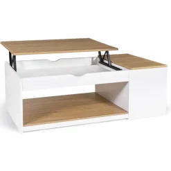 Table de salon avec plateau relevable bois blanc et façon hêtre