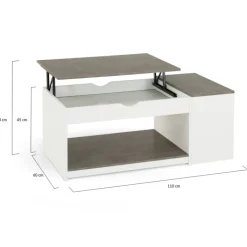 Table de salon avec plateau relevable effet béton et bois blanc